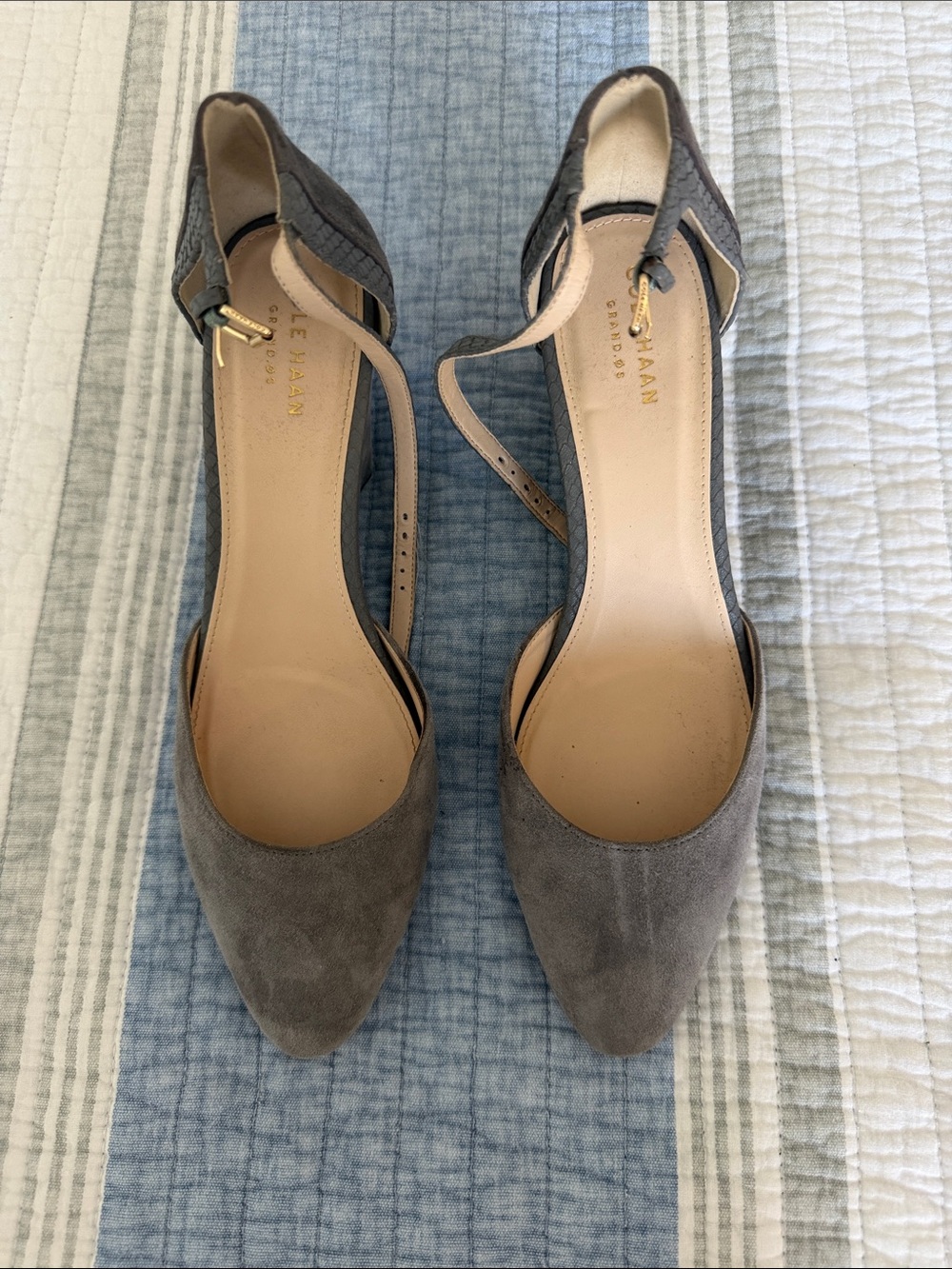 Cole Haan Gray Suede Pointed-Toe Ankle-Strap Flats